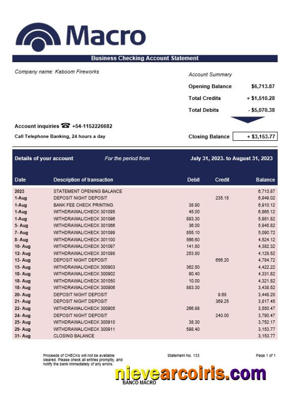 Banco Macro organization checking account statement